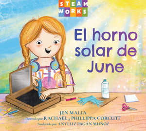 Book cover of 'El horno solar de June' with a girl and science materials on a colorful background.